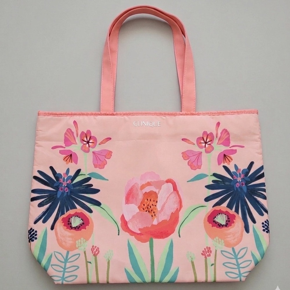 Clinique Pink Floral Tote Bag Botanical Peony  Nylon Shopper Tropical Grocery